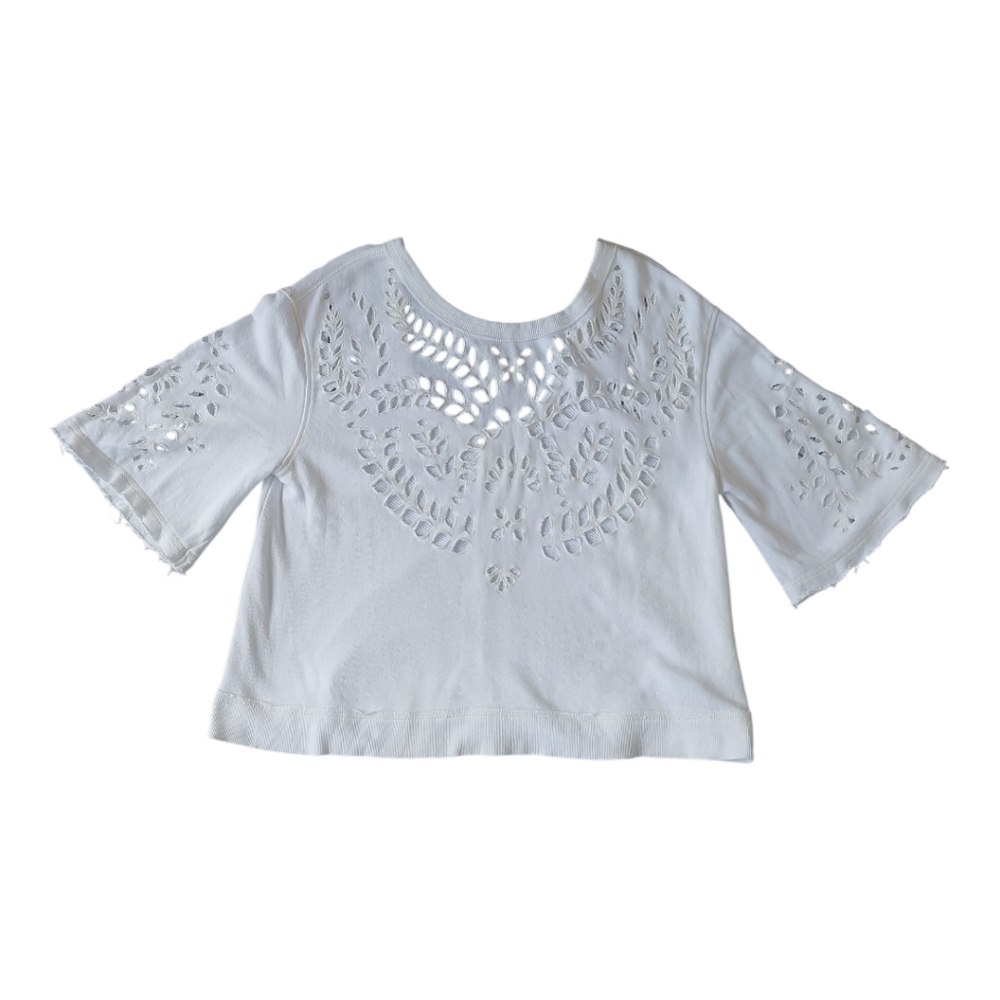 Free People White Eyelet Knit Top Women's Large Boho Cutout Floral Short Sleeve
